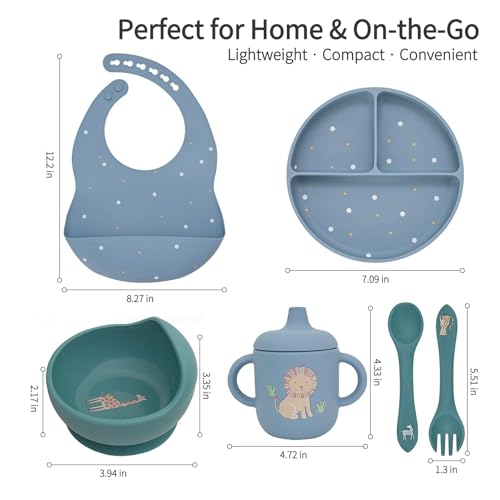 Little Rawr Baby Led Weaning Bundle, 100% Silicone Baby Feeding Set Includes Divided Plate, Suction Bowl, Straw Cup, Bib, Spoon & Fork, Develops Self Feeding Skills, Dishwasher Safe (Blue) - color: Blue