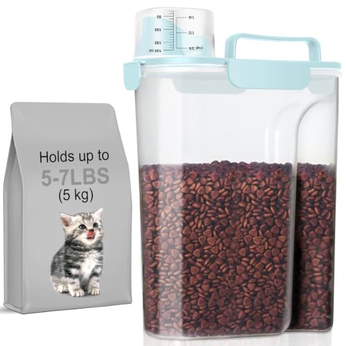 5-7Lbs Airtight Cat Dog Food Storage Container Portable with Upgraded Large Spout and Cup, Plastic Pet Dispenser for Small Animal Kibble, Bird Seed, Oatmeal, Rice, Flour, Brown Sugart-Sky Blue - color: Sky Blue, size: 5L-1pack