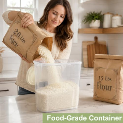 Large Rice Storage Container 15-20 Lbs, Tall Flour Container Dry Food Bin - color: Cream White