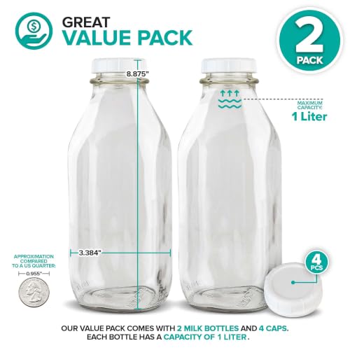 Stock Your Home Liter Glass Milk Bottles (2 Pack) - 32-Oz Milk Jars with Lids - Food Grade Glass Bottles - Dishwasher Safe - Bottles for Milk, Buttermilk, Honey, Maple Syrup, Jam, BBQ Sauce - size: 32oz, style: 2 Pack