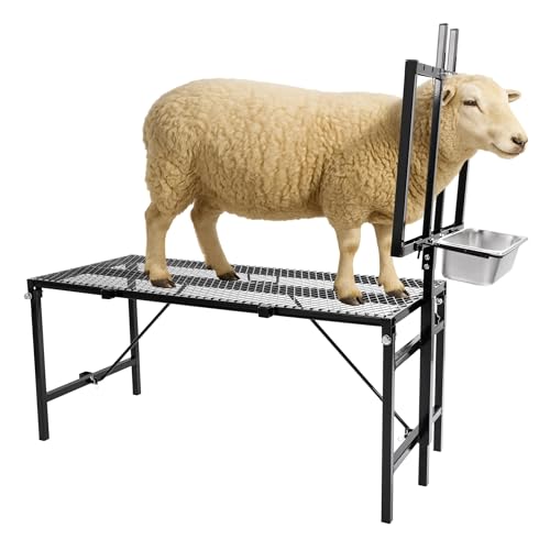 600LBS Milking Stand for Goat, Adjustable Sheep Rack with Feeder, Metal Livestock Milk Stand Fit for Shearing, Hoof Trimming, Animal Examinel Examination, Stainless Steel (Black) - color: Black