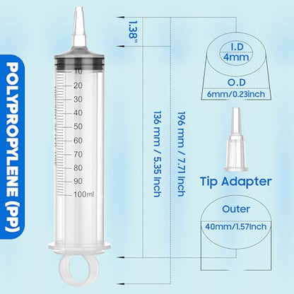100ml/cc Syringes with Tube 40 Inch Handy Plastic Tubing and Adapter Tip - size: 100ML/CC