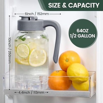 Mason Jar Pitcher, 64 oz (2 quart), Glass Pitcher with Lid | Airtight, Leak proof, Ergonomic Handle, Pour Spout Lid, Fridge Safe, for Sun Tea, Iced Tea, Cold Brew, Lemonade, Outside - color: Gray