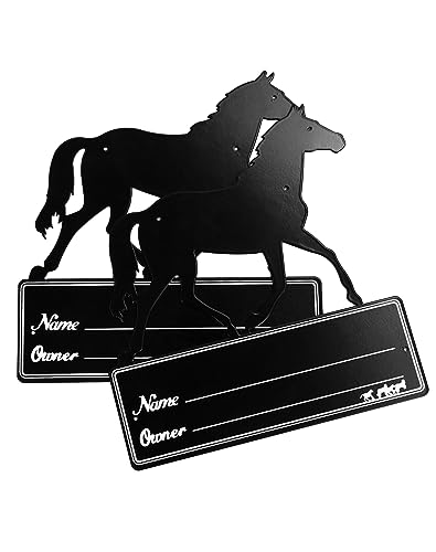 QWORK Horse Stall Name Plate, 2 Pack Heavy Duty Steel Horse Stall Plague, Horse Stall Personalized Signs, All Weather UV Protected, Black