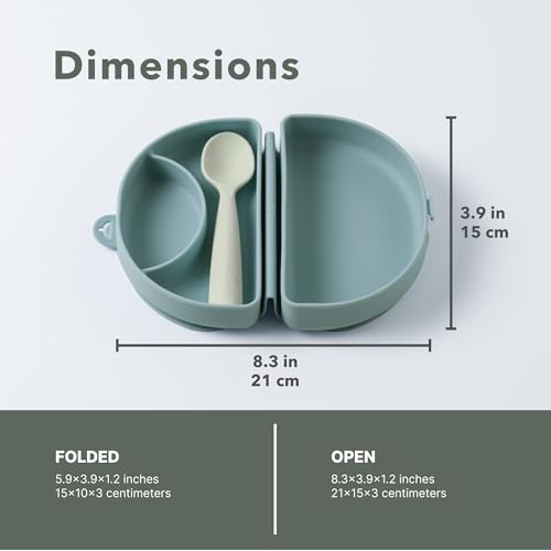 Miniware Fold & Scoop Baby Feeding Set - Silicone Travel Baby Plate With Suction & Baby Spoon - Compact, Portable, Dishwasher-Safe, Suction Base for Mess-Free Eating (Eucalyptus and Oat) - color: Eucalyptus & Oat