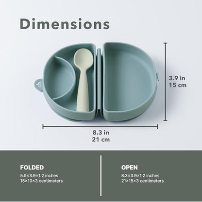 Miniware Fold & Scoop Baby Feeding Set - Silicone Travel Baby Plate With Suction & Baby Spoon - Compact, Portable, Dishwasher-Safe, Suction Base for Mess-Free Eating (Eucalyptus and Oat) - color: Eucalyptus & Oat