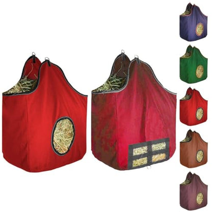 Derby Originals Large 24 OZ Canvas Horse Hay Bag 2 Sided Combo Design X Wide Gusset and 6 Month Warranty - color: Red/Gray