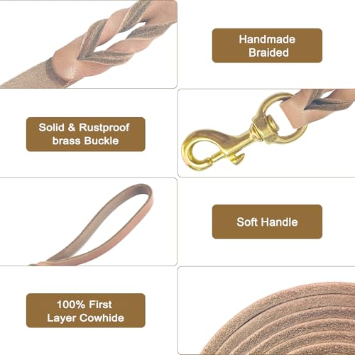 Guiding Star Leather Dog Leash - 6ft Heavy Duty, Soft Braided Handmade Leather Training Leash for Large & Medium Dogs (6ftx1inch, Light Brown) - color: Light Brown, size: 6ft x 1 inch