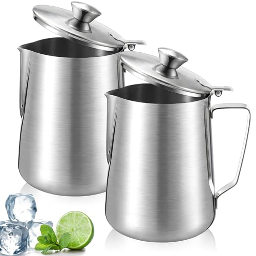 2 Pcs 67 Oz/ 2 L Stainless Steel Pitcher with Lid Milk Frothing Jug