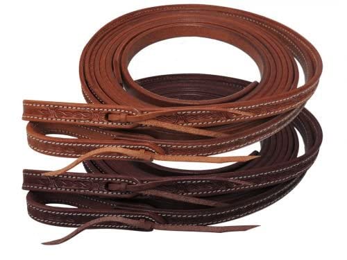 Showman 5/8" x 8' Argentina Cow Leather Barbed Wire Tooled Split Reins - color: Dark Oil