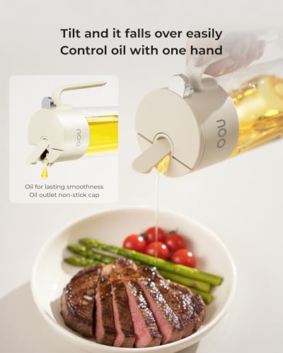 OOU B2 Oil Dispenser Bottle, 20oz/600ml Borosilicate Glass Olive Oil Bottle with One-Step Pop-Up Lid, One-Hand Pour Control, Leak-Resistant Silicone Seal, Stainless Steel Spout & 304 Filter, Off-White