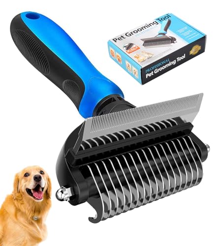 [ 2 in 1 design ] Undercoat Rake and Deshedding Tool for Dogs and Cats - Dematting Comb for Long Hair Pets, Grooming Brush to Clear Mats, Tangles and Reduce Shedding by 95% - color: Blue