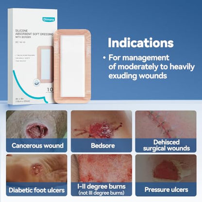 Dimora Silicone Ultra Absorbent Dressing Pads - Adhesive Wound Bandage with Gentle Border, Waterproof Soft Gauze for Post Surgical and Bed Sore Exudate Management 4"X 8" 10 Count - size: 4"x 8" - 10 pcs