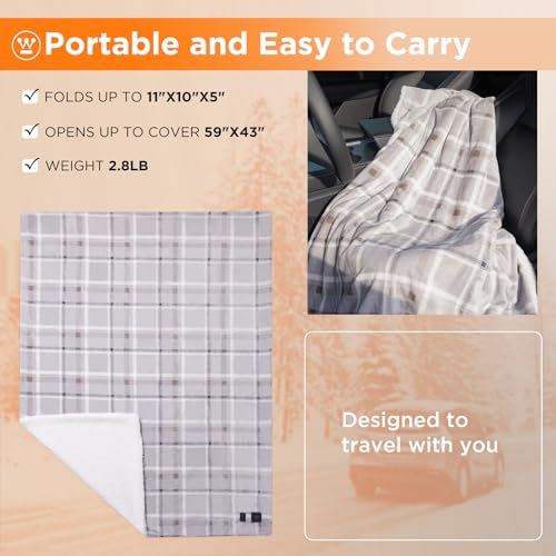Westinghouse Heated Car Throw, Machine Washable, 59x43 Beige Buffalo Plaid - color: Beige Plaid