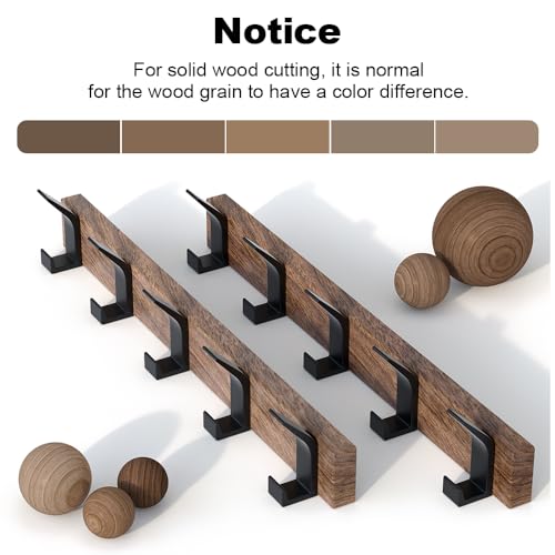 17 Inch Black Walnut Wood Wall Mounted Coat Rack with 4 Black L Hooks, Adhesive Mounted Entryway Hooks, Modern Natural Wooden Pegs for Hanging Coat Clothes Hat Bag Purse Key and Towel - color: Coat Rack with 5 L Hooks