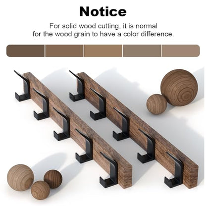 17 Inch Black Walnut Wood Wall Mounted Coat Rack with 4 Black L Hooks, Adhesive Mounted Entryway Hooks, Modern Natural Wooden Pegs for Hanging Coat Clothes Hat Bag Purse Key and Towel - color: Coat Rack with 5 L Hooks
