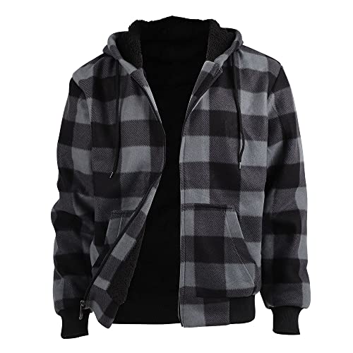 Facitisu Winter Heavy Warm Sherpa Lined Fleece Plaid Flannel Jacket Men Plus Size S-5XL Big&Tall Mens Coat - color: H-grey, size: 4X-Large