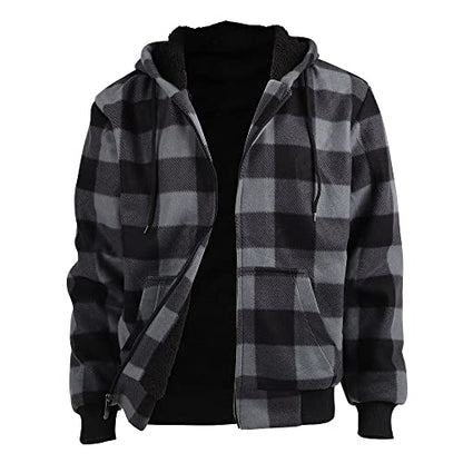 Facitisu Winter Heavy Warm Sherpa Lined Fleece Plaid Flannel Jacket Men Plus Size S-5XL Big&Tall Mens Coat - color: H-grey, size: 4X-Large