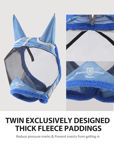 Harrison Howard Horse Fly Mask UV Protective Fine Mesh with Extra Wool Soft Touch on Skin Fly and UV Protection Aquamarine-Black XL - color: Aquamarine-Black, size: XL
