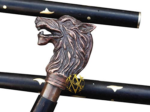 Brass Handle Victorian Telescope Foldable Wooden Walking Stick Cane Ideal Vintage Gift Men Women Father/Mother - style: Wolf