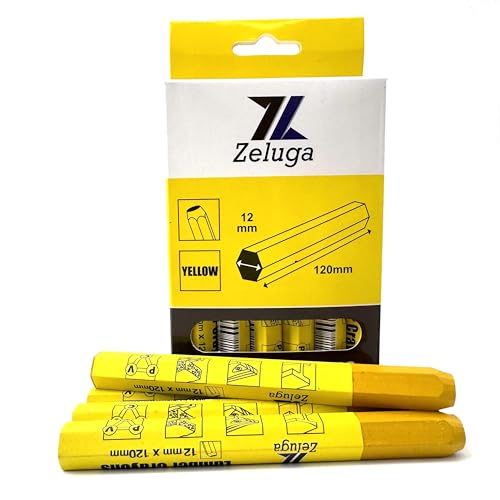 Zeluga 4.7in. x 0.47in. Hex Shape Industrial Lumber Marking Crayons for Clear and Permanent Markings, Yellow 12 Pack