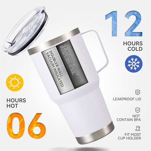 30 oz Stainless Steel Tumblers Bulk with Handle and Lid, 4 Pack - color: White
