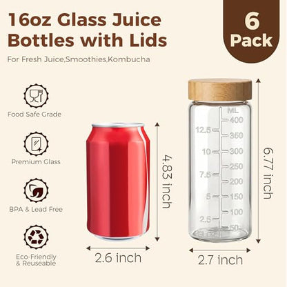 16 oz Round Glass Juice Bottles with Airtight Bamboo Lids, Reusable 6 Pack - color: 16oz - 6 Pack