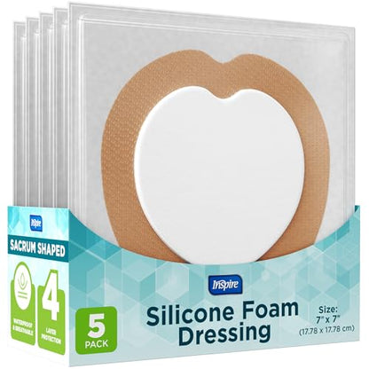 Inspire Sacral Silicone Foam Dressing Large Waterproof Bandages for Wounds, Burns & Bed Sores Safe for Sensitive Skin, Adhesive Pad Sacrum Dressings for Post-Surgery Wound Care (7 x 7 in) (5 Pack) - size: 5 Pack