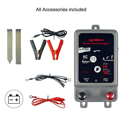 Electric Fence Energizer 40 Acre 10 Miles 2 in 1 Powered by Battery or AC Outlet 12000V 2J Pulse Electric