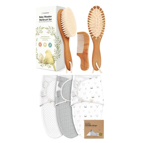 Keababies Baby Hair Brush and Comb Set and 3-Pack Baby Swaddle Sleep Sacks - Wooden Brush with Soft Goat Bristle - Newborn Swaddle Sack, Cradle Cap Brush