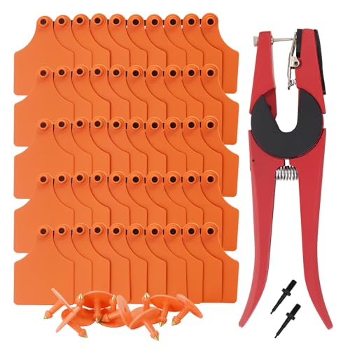 100 PCS Blank Cattle Ear Tags with Pliers TPU Flexible Livestock Identification Tags for Cow Sheep Goat Pig, Farm Animal Management Supply Kit (Orange, Oversize-4 * 3") - color: Orange, size: Oversize-4*3"