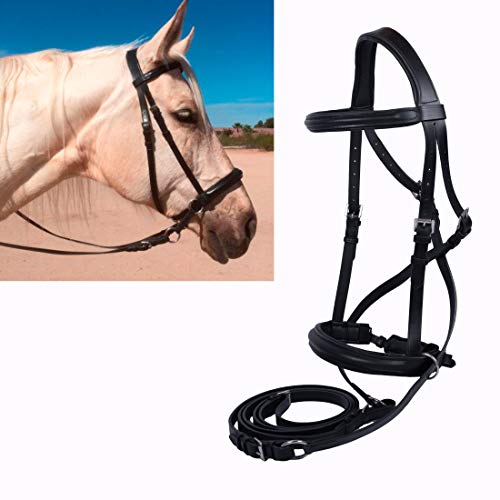 Hulara Genuine English Leather Crossover | Crossunder Bitless Horse Bridle Headstall with Reins - color: Black, size: Pony