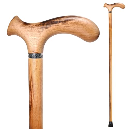 Wooden Walking Cane with 5 Height for Men and Women, Handmade Wood Cane with Comfort Grip Handle, Supportive Mobility Aid for Seniors, Fashionable & Classic Lightweight Stick - color: Burlywood, size: 37"(for 5'11" to 6'1")