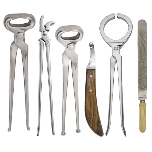 6PC Complete Horse Farrier Tool Kit – Professional Hoof Care Set with Hoof Rasp,Hoof Bot Knife, Horseshoe Puller,Nipper,Rasps, Clincher for Equine Hoof Trimming,Grooming,Shaping,Horseshoe Maintenance