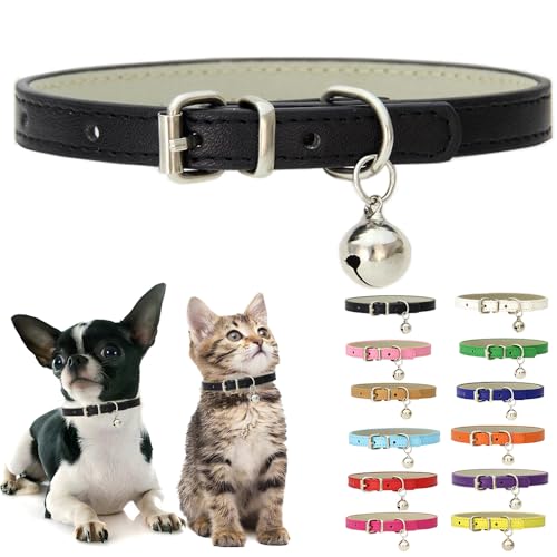 Black XS Dog Collar with Bell, Soft Pu Leather Cat Kitten Collars X-Small - color: Black, size: XS for Neck 8"-10.5"