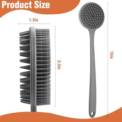 Silicone Body Scrubber for Shower Men Women – Dual-Sided Exfoliating & Massage Shower Brush with Long Handle, Creates Rich Lather, Includes 1 Hook & 2 Lather Balls (Gray). - color: Gray