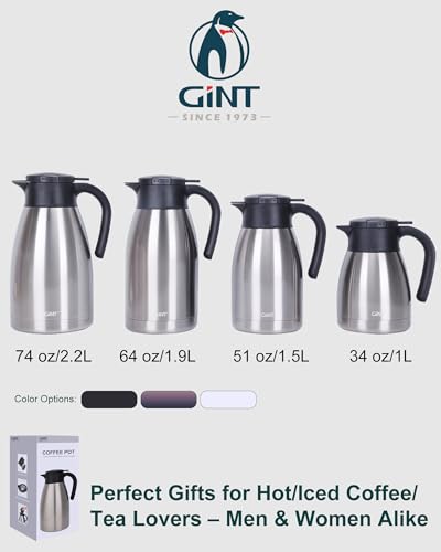 GiNT 51Oz Stainless Steel Thermal Coffee Carafe with Lid/Double Walled Vacuum Thermal Carafe / 12 Hour Heat Retention (Silver, 1.5L) - color: Silver, size: 50.7 Ounces