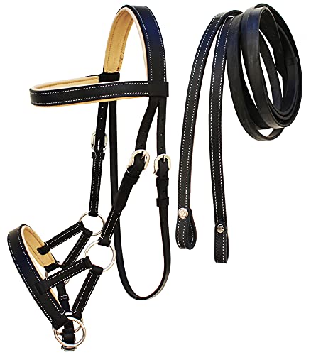CHALLENGER Horse Western Brown Leather Training Tack Bitless Sidepull Bridle Reins 7711 - color: Black/Beige, size: Full