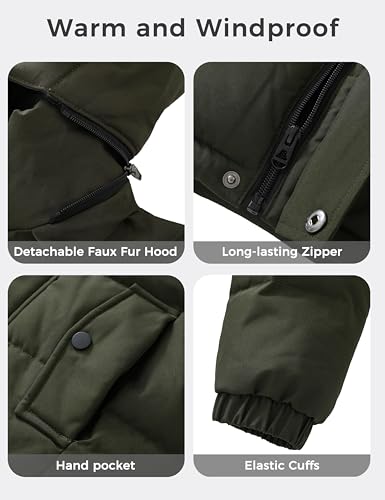 wantdo Boy's Winter Puffer Coats Thick Warm Snow Jacekets Detachable Hood | Removable Faux Fur, Fleece Lining, Windproof, Machine Washable - color: Army Green, size: 10-12