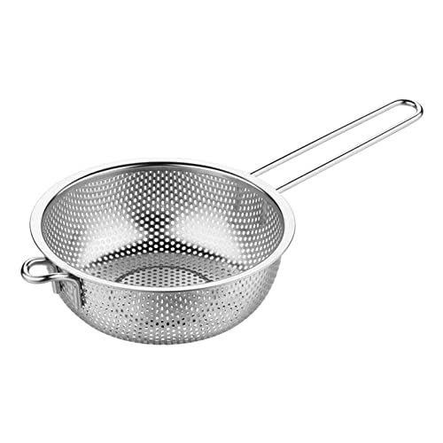 Stainless Steel Fine Mesh Colander with Long Handle, 6-Inch Metal Food Strainer with Resting Feet, Micro-Perforated Colander Metal Kitchen Strainer for Fried Food Vegetable Fruit(silver)