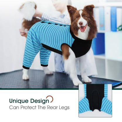 Kuoser Dog Recovery Suit with Anti Licking Rear Leg Sleeve, Blue M - color: Blue Strips, size: Medium (Back Length: 34cm / 13.38")