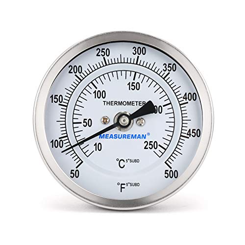 Measureman Fully Stainless Steel Bimetal Dial Thermometer, 3" Dial, 2-1/2" Stem, 50-500 deg F/10-260 deg C, -1% Accuracy, Adjustable, 1/2" NPT Back Mount - size: 3" Dial, 2-1/2" Stem, 50-500 deg F/10-260 deg C, style: 2-1/2" Stem