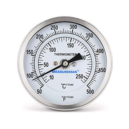 Measureman Fully Stainless Steel Bimetal Dial Thermometer, 3" Dial, 2-1/2" Stem, 50-500 deg F/10-260 deg C, -1% Accuracy, Adjustable, 1/2" NPT Back Mount - size: 3" Dial, 2-1/2" Stem, 50-500 deg F/10-260 deg C, style: 2-1/2" Stem