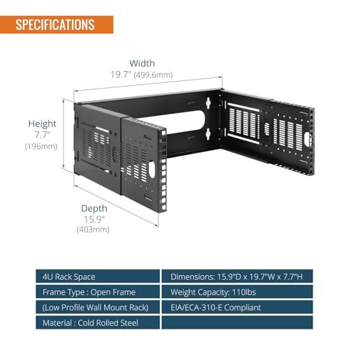 Tecmojo 4U Wall Mount Network Rack, 19" Open Frame Patch Panel Bracket with Adjustable Depth 9.7-15.9 in, Fits Shallow IT Equipments, 110 lbs Capacity, EIA-310 Compliant - size: 4U