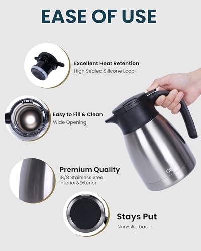 GiNT 34Oz Thermal Coffee Carafe, Insulated Stainless Steel Coffee Carafes for Keeping Hot/Double Walled Vacuum Coffee Carafe (Silver, 1L) - color: Silver, size: 34 Ounces