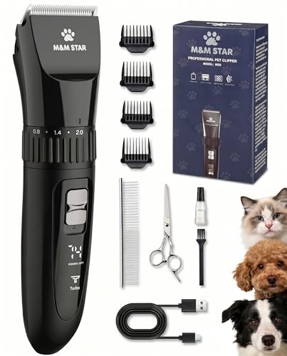 M&M STAR Dog Grooming Kit, Low Noise Dog Clippers, 2-Speed IPX7 Waterproof, Rechargeable Cordless Pet Hair Clippers Trimmer Shaver with LED Display for Dogs and Cats, Black