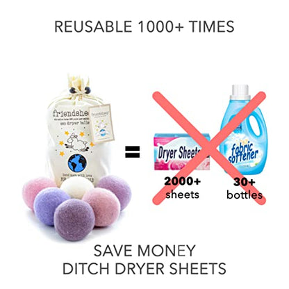 Friendsheep Wool Dryer Balls, Organic Reusable Fabric Softener Alternative for Laundry, Handmade, Fair Trade, Hypoallergenic, Eco-Friendly, Plastic-Free (6 Pack XL - Lavender Bliss) | Reusable fabric softener alternative Organic wool, handmade, fair trade