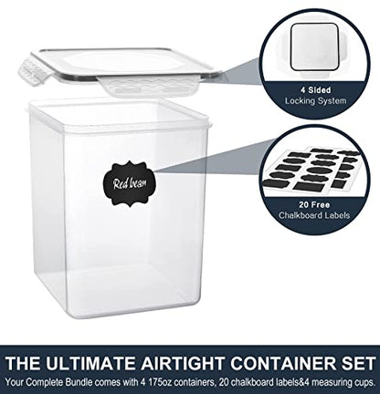 Large Food Storage Containers 5.2L (175oz), MCIRCO 4 Pieces Plastic Airtight Food Storage Containers for Flour, Sugar, Baking Supplies, with 4 Measuring Cups and 20 Labels - size: 5.2L