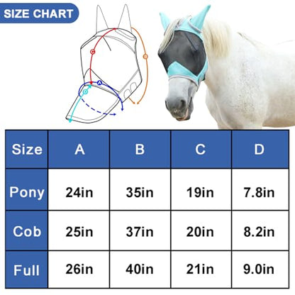 Horse Fly Mask with Ears & Long Nose, Fine Mesh Turquoise Pony - color: Turquoise, size: Pony