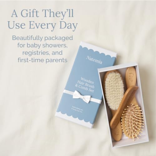 Natemia Wooden Baby Hair Brush & Comb Set - Natural Goat Hair Bristles & Soft Bristle Brush - Gentle Scalp Massage & Cradle Cap Comb - For Newborns & Toddlers, Baby Grooming Kit - size: 3 PC Set, Oval